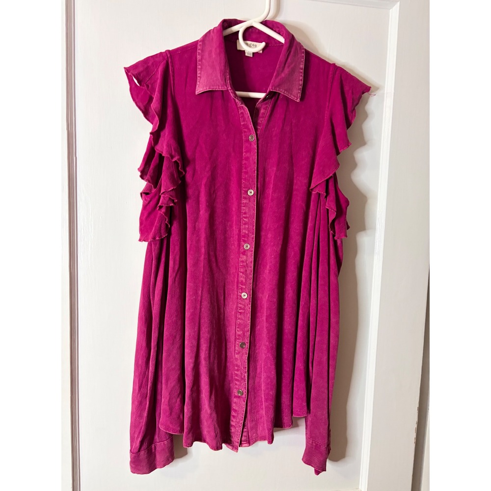 Umgee Magenta Pink Cold Shoulder Ruffle Button Down Top C0825 Small